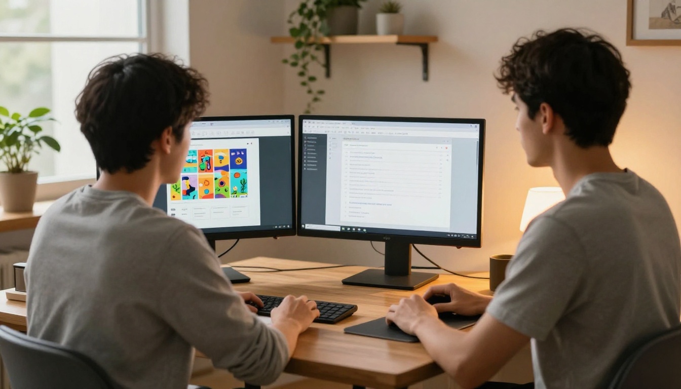 Man at a dual-monitor home office setup sharing a flipbook page via email Man at a dual-monitor home office setup sharing a flipbook page via email