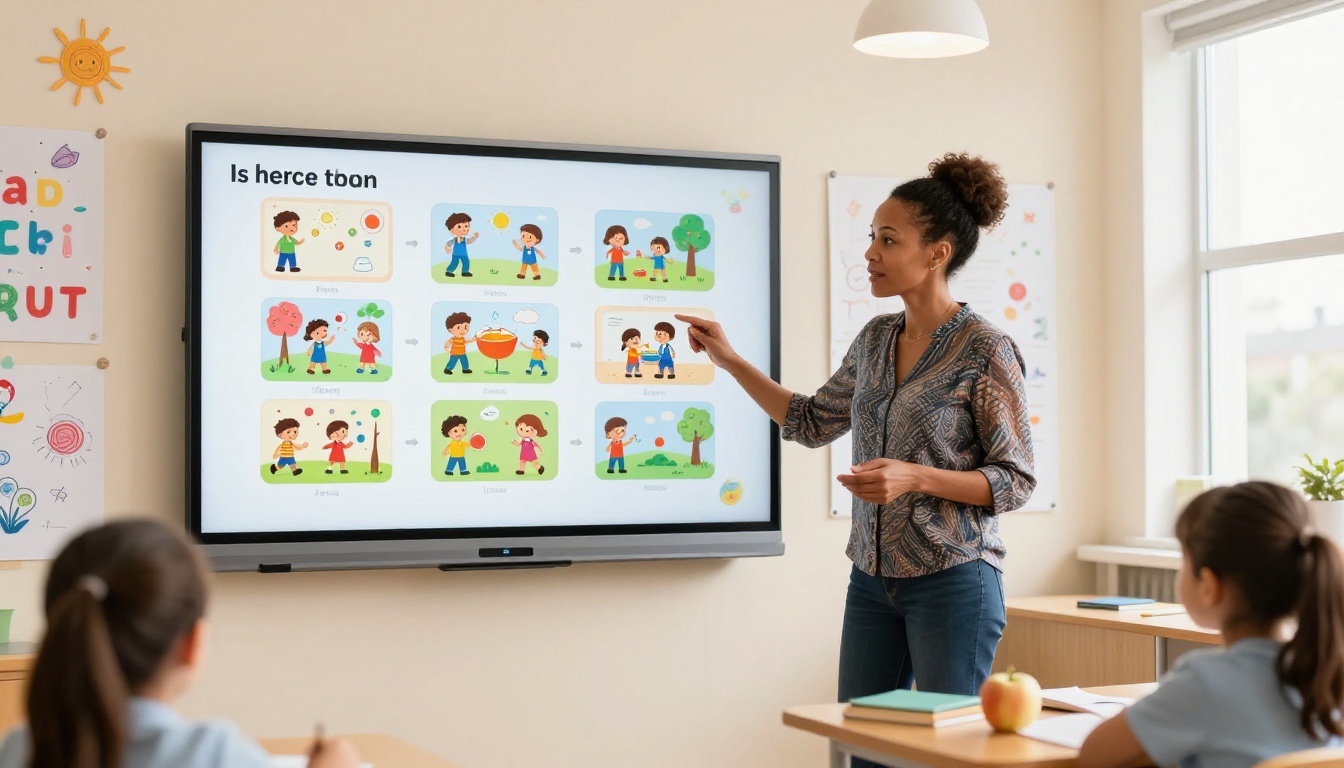 Elementary school teacher showing an educational flipbook on an interactive whiteboard to students