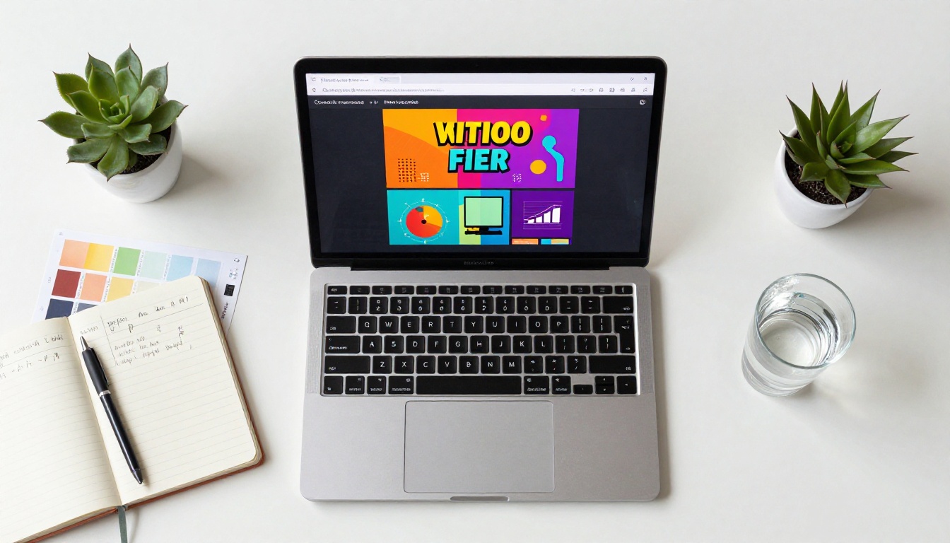 Top-down flat lay of a laptop showing a marketing flipbook surrounded by design materials and a notebook Top-down flat lay of a laptop showing a marketing flipbook surrounded by design materials and a notebook