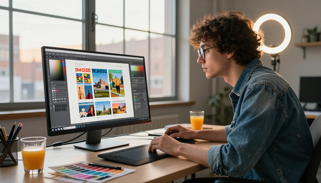 Graphic designer creating a colorful magazine-style flipbook on a large studio monitor