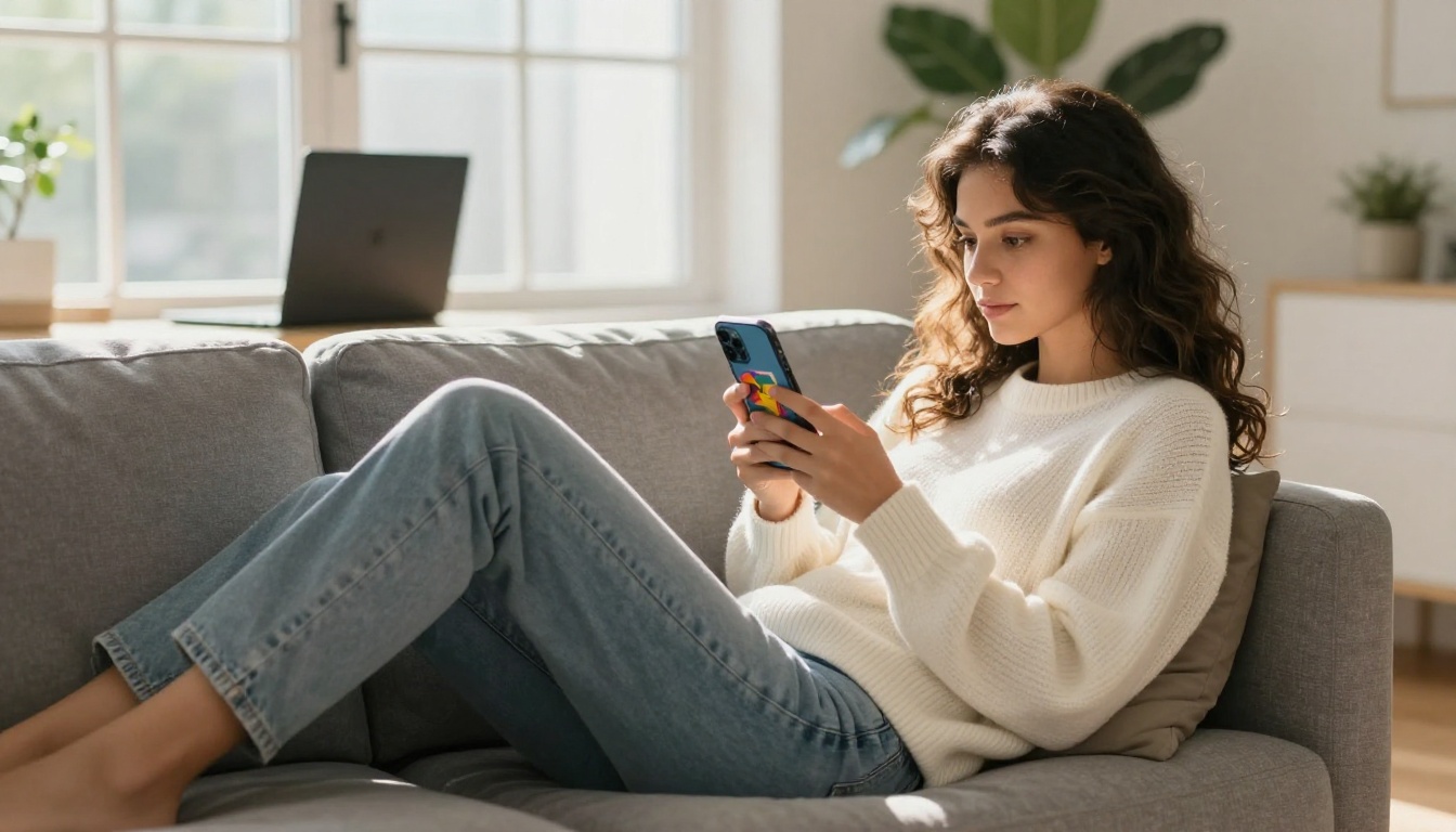 Young woman on a grey sofa viewing a colorful flipbook on her smartphone in warm afternoon light Young woman on a grey sofa viewing a colorful flipbook on her smartphone in warm afternoon light