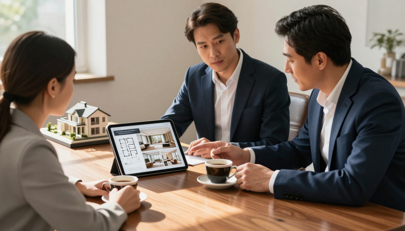 Real estate agent showing a property brochure flipbook on iPad to prospective buyers at a conference table