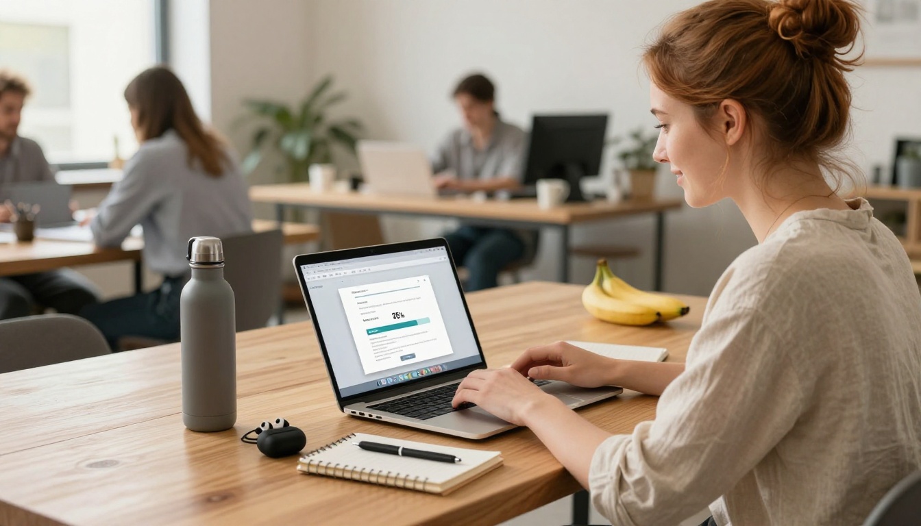 Freelancer uploading a PDF to create a flipbook on a laptop at a busy co-working space