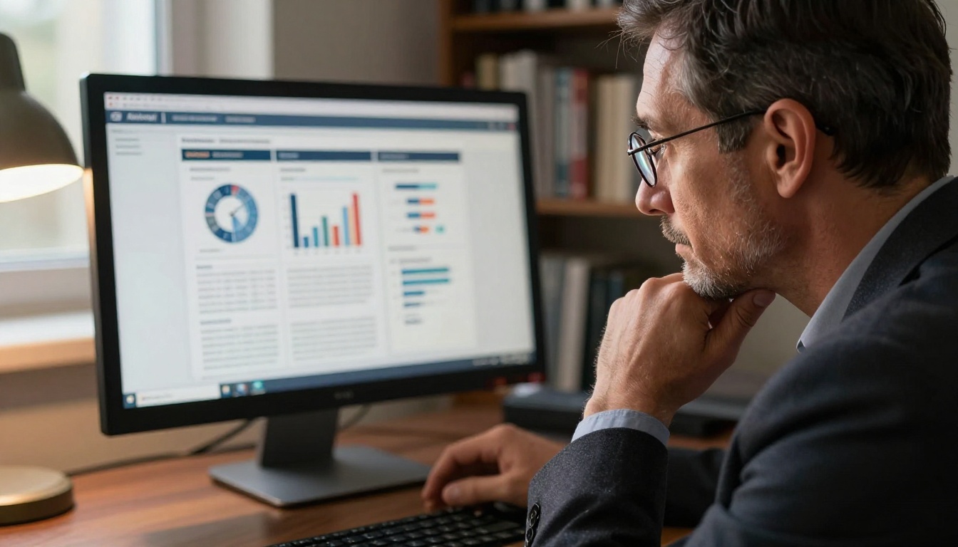 Businessman in his fifties reading a business annual report flipbook on a large desktop monitor at his walnut desk