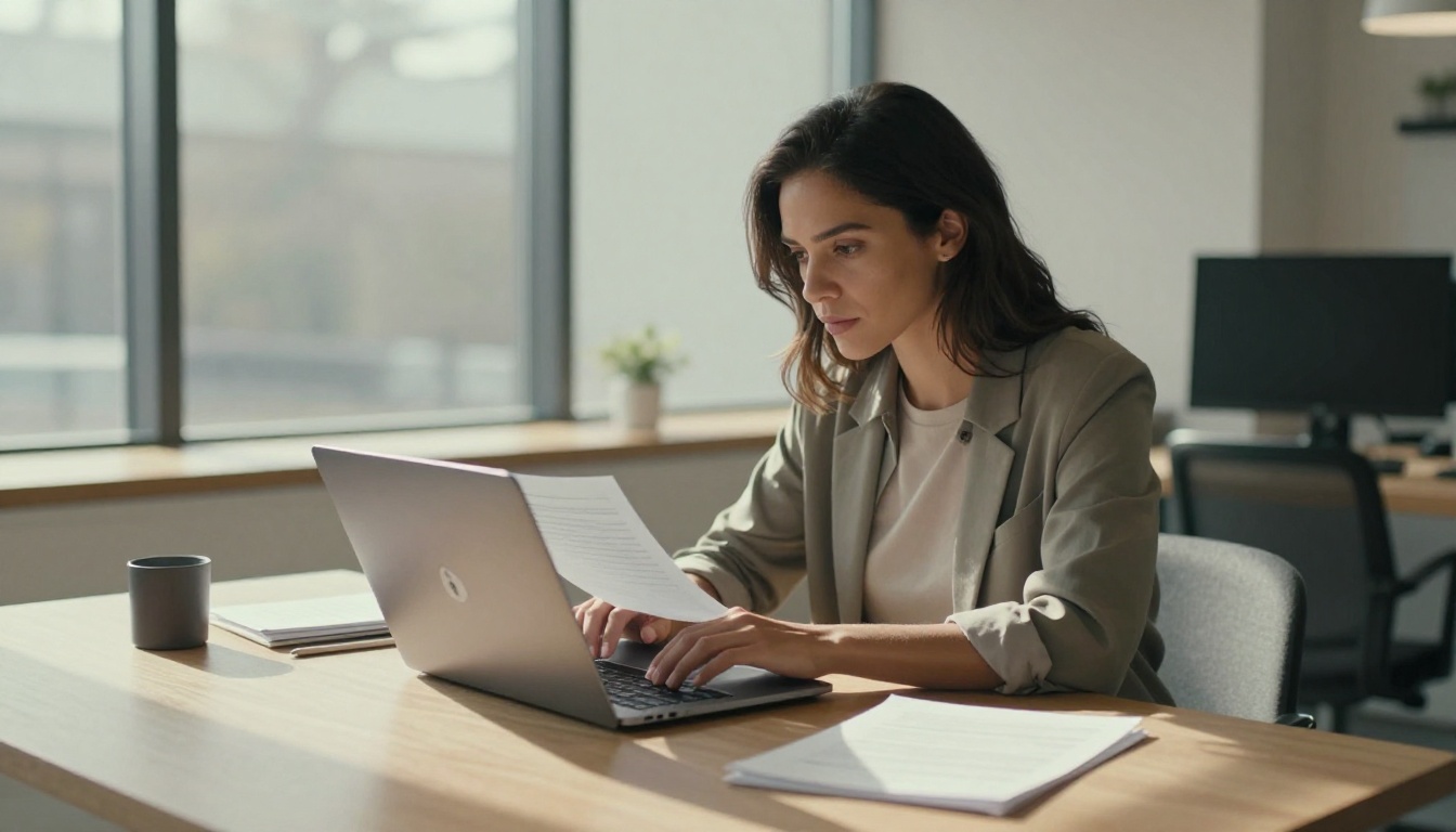 Woman working at co-working space with confidential document on screen Woman working at co-working space with confidential document on screen