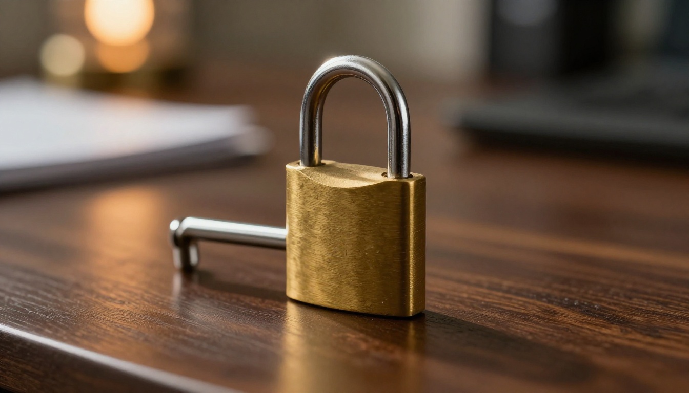 Brass padlock on dark walnut desk surface macro close-up Brass padlock on dark walnut desk surface macro close-up