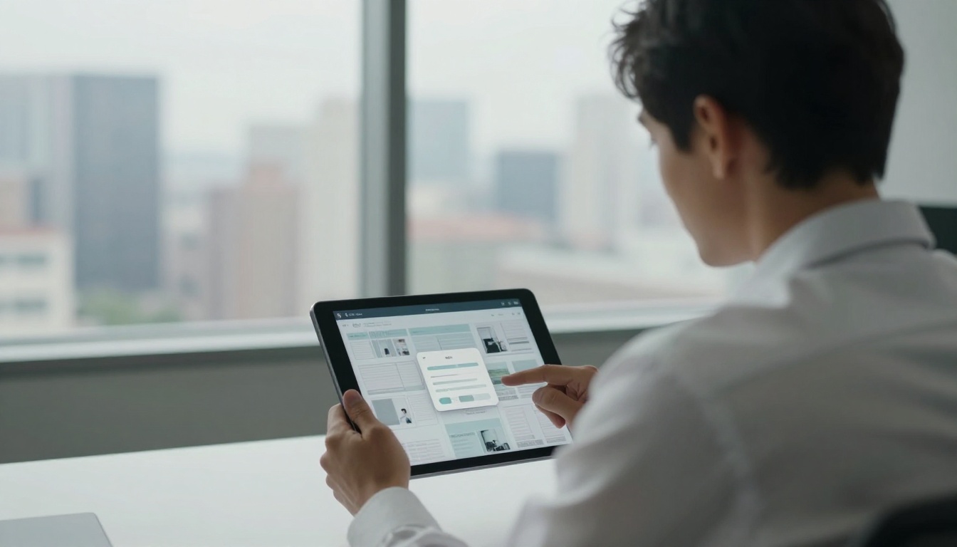 Person from behind at standing desk reviewing flipbook with password modal Person from behind at standing desk reviewing flipbook with password modal