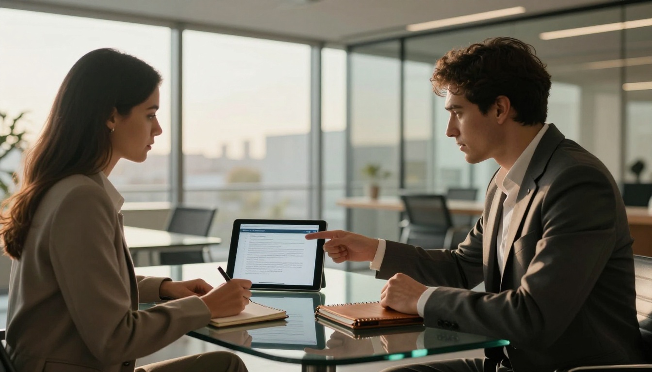 Two business professionals sharing secure document at conference table Two business professionals sharing secure document at conference table
