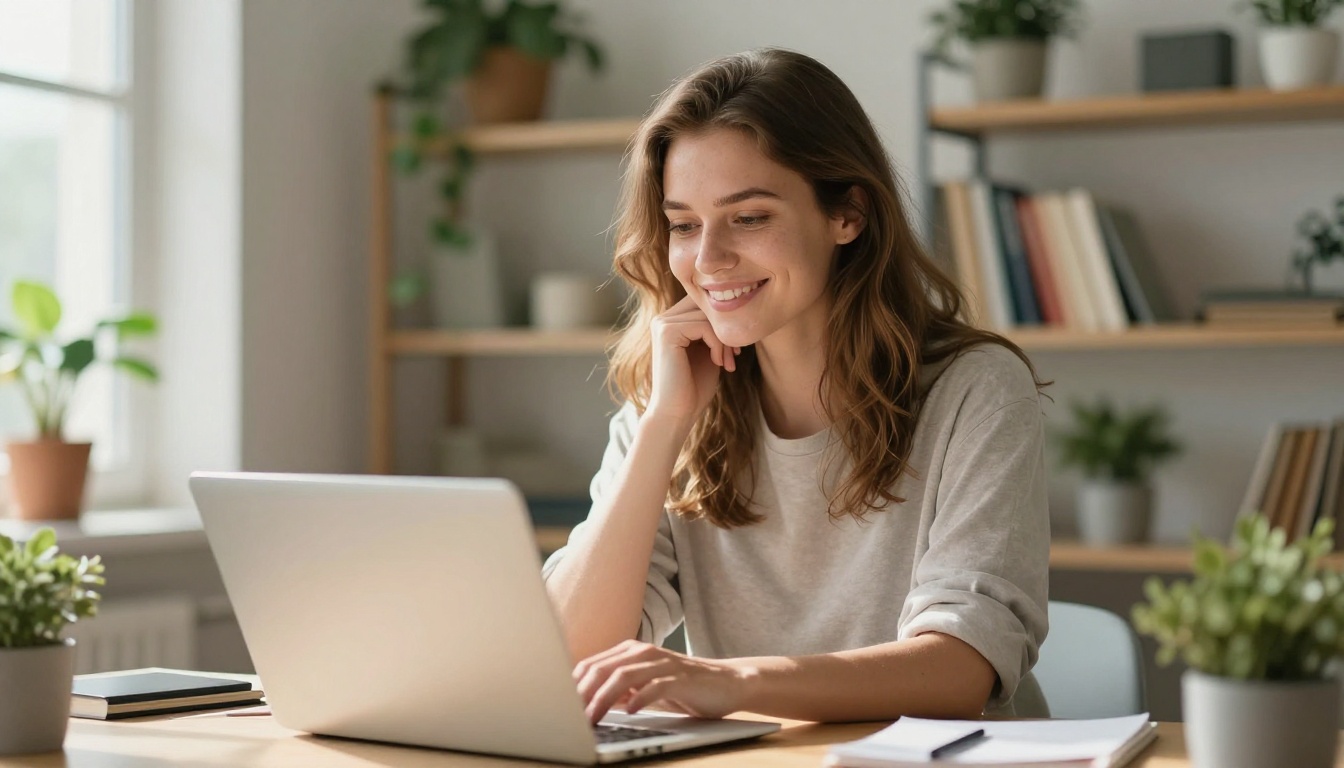 Woman smiling confidently at laptop in Scandinavian home office Woman smiling confidently at laptop in Scandinavian home office