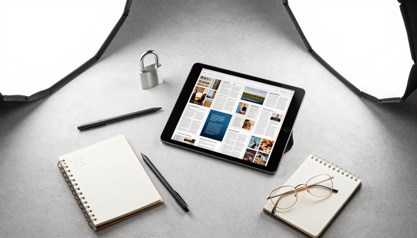 Flat lay with combination padlock and tablet showing flipbook pages Flat lay with combination padlock and tablet showing flipbook pages