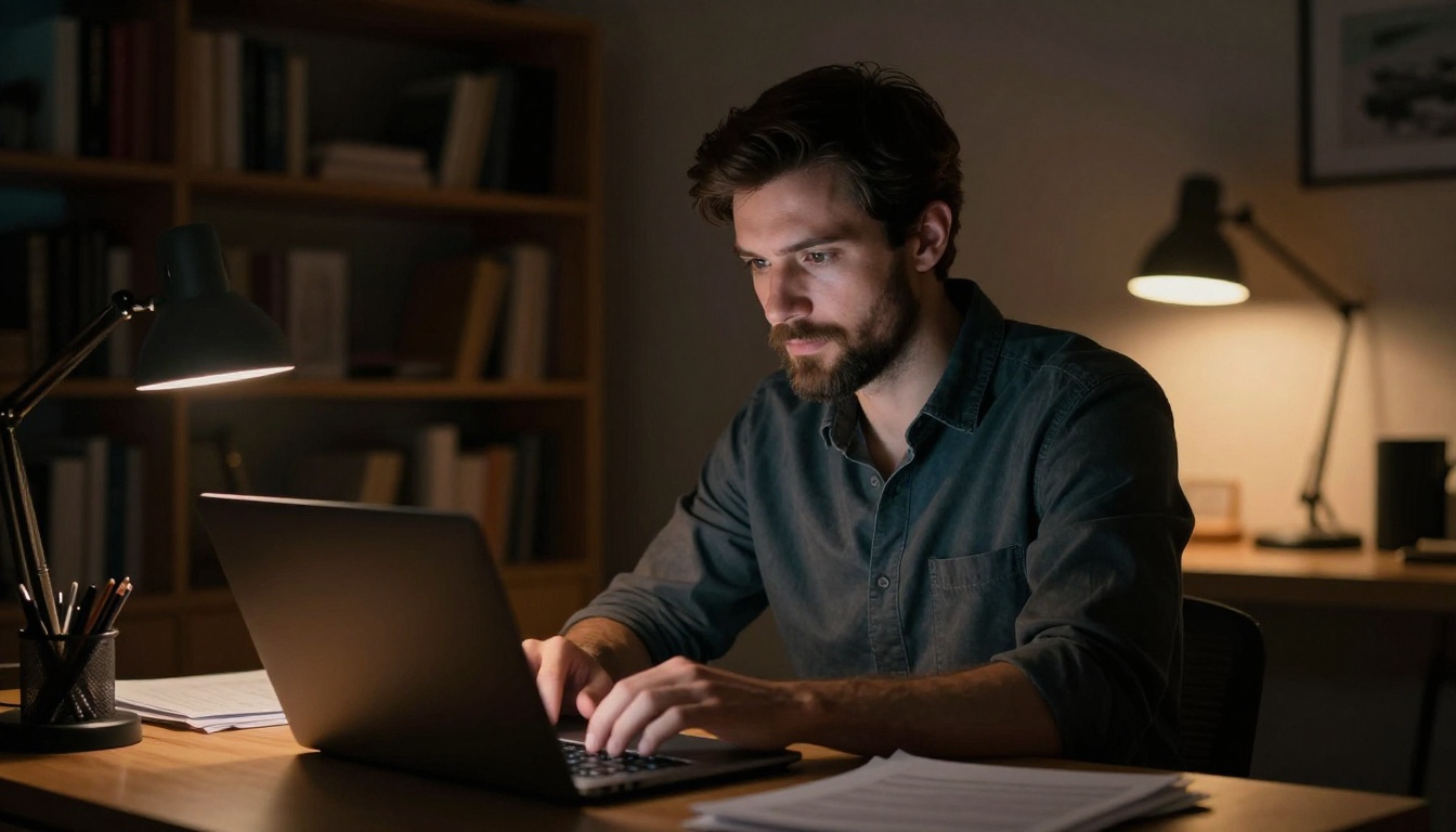 Man with beard working late at night on laptop in dimly lit home office Man with beard working late at night on laptop in dimly lit home office