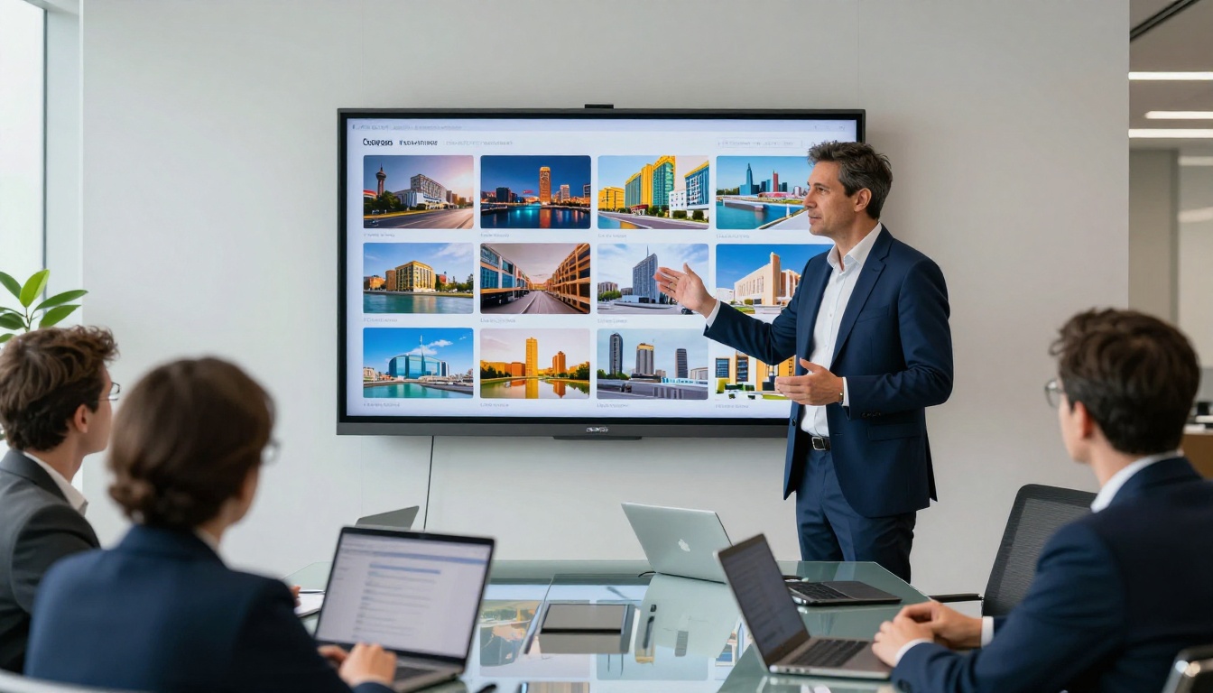 Marketing director presenting digital catalog in boardroom