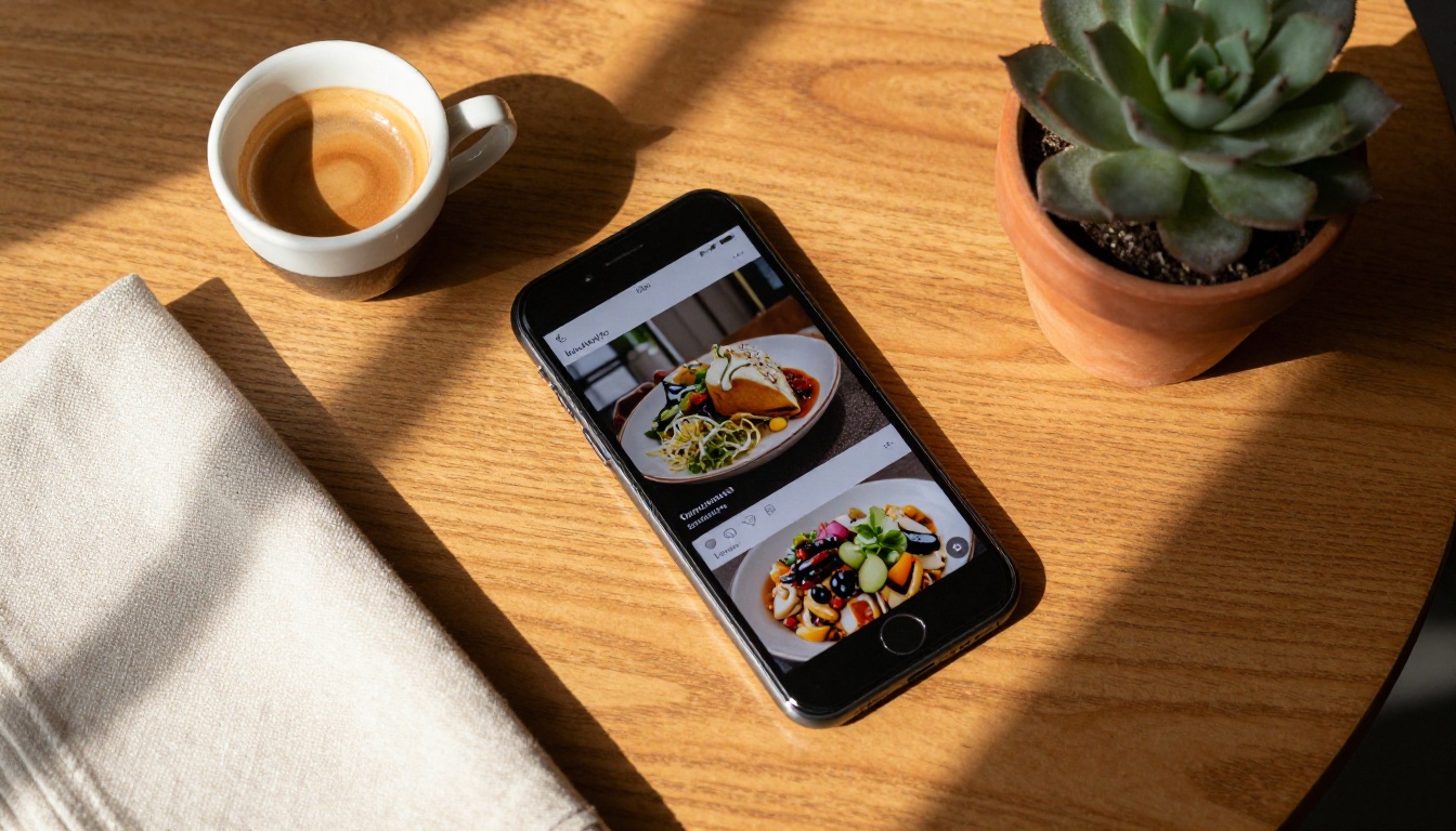 Restaurant digital menu flipbook on smartphone at café table
