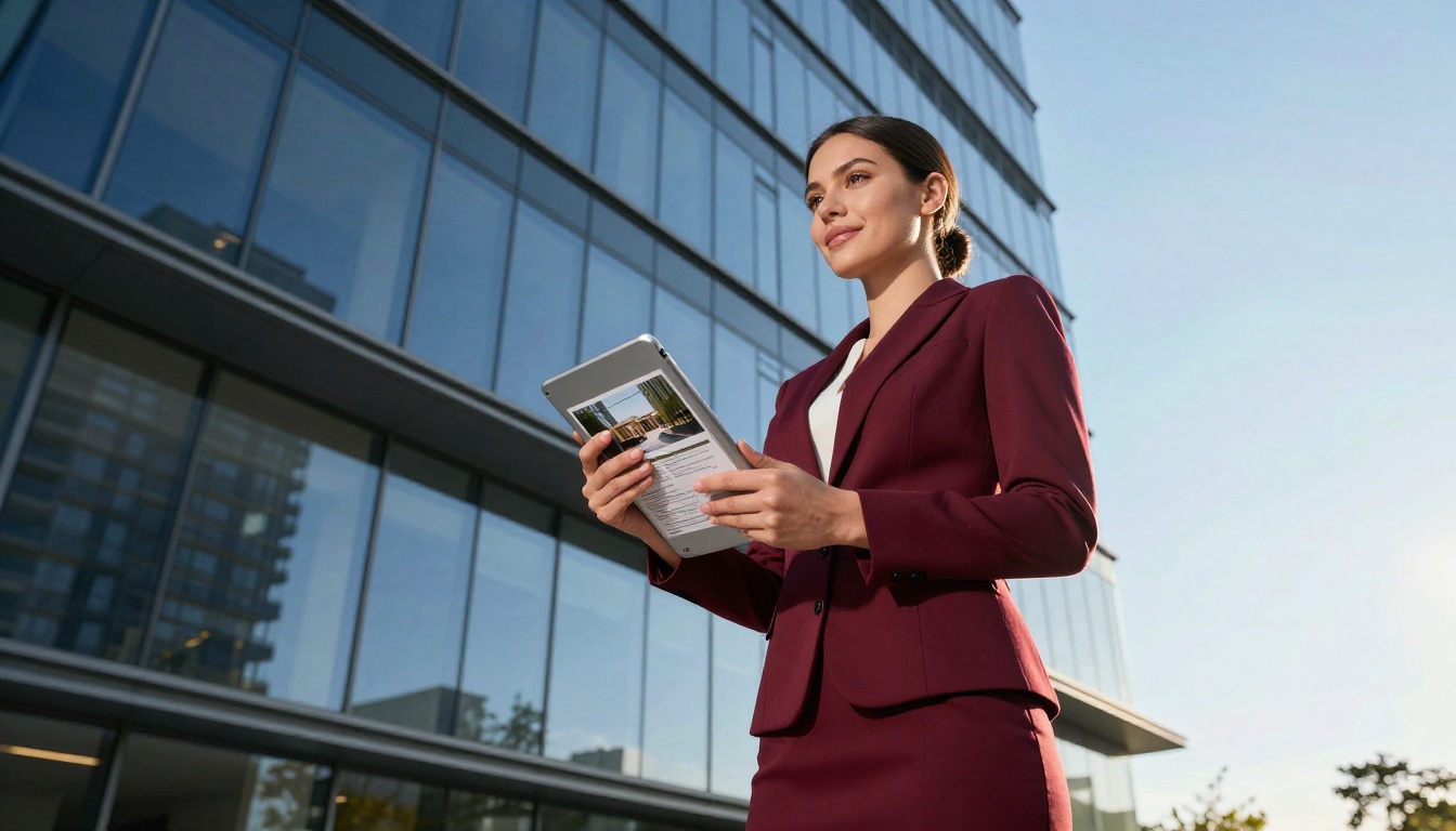 Real estate agent with tablet outside luxury apartment building
