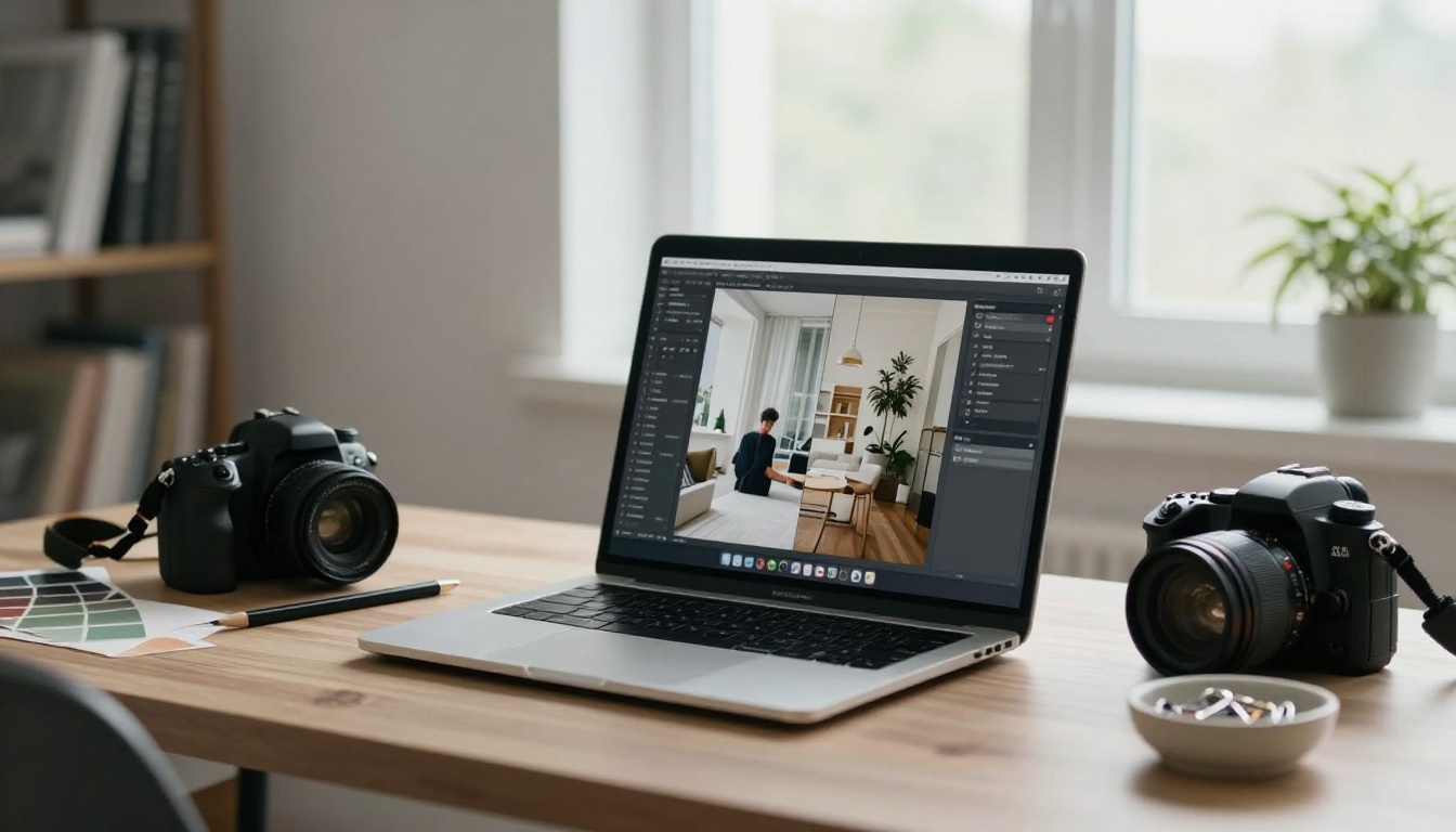 Creative professional portfolio flipbook on MacBook in home studio
