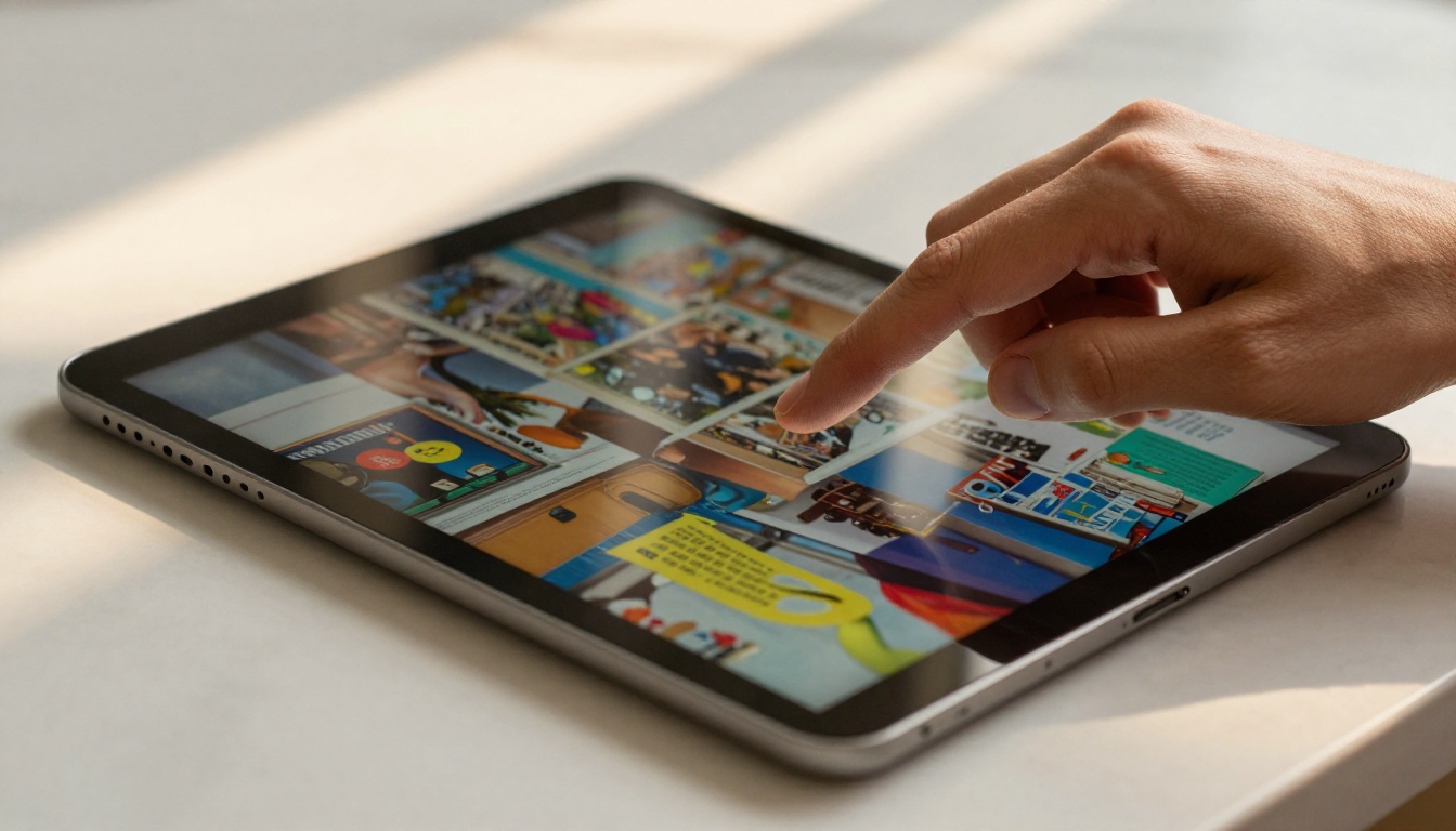 Close-up hands touching tablet screen displaying vibrant digital flipbook with page turning