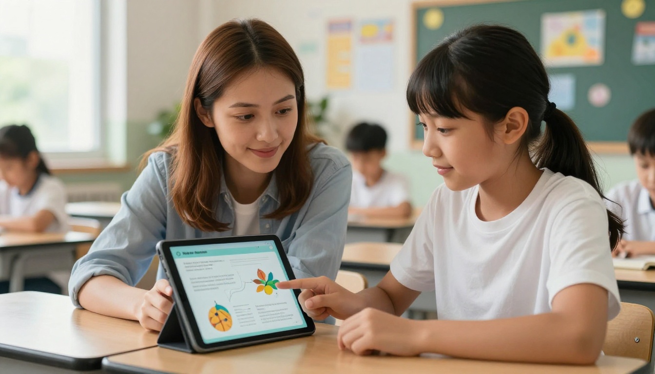 Teacher and student using interactive educational flipbook on tablet