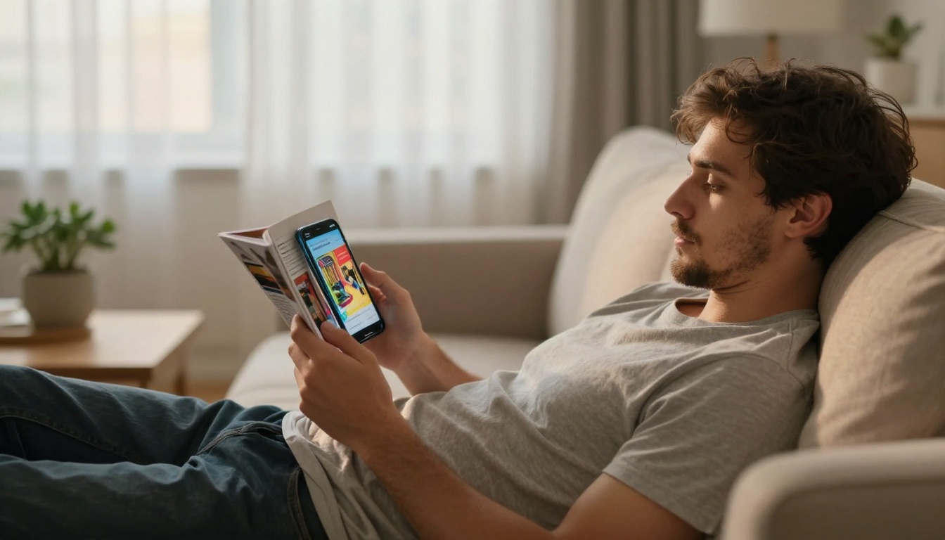 Person reading digital magazine flipbook on smartphone while relaxing on sofa