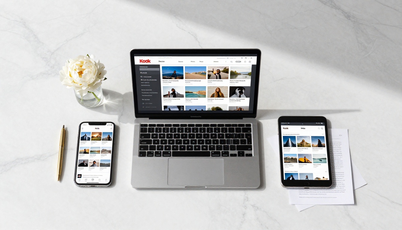 Multi-device responsive flipbook display on marble surface