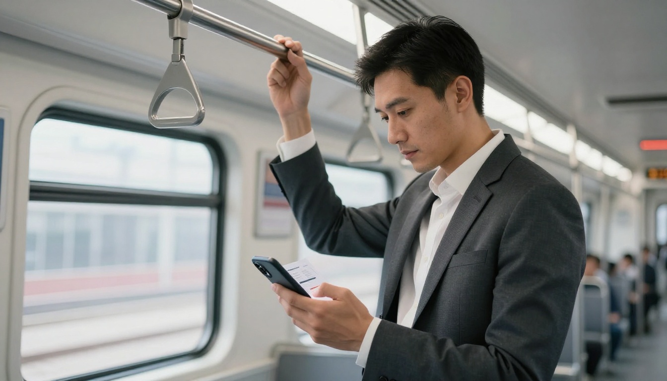 Businessman reading a digital flipbook on his smartphone during a subway commute