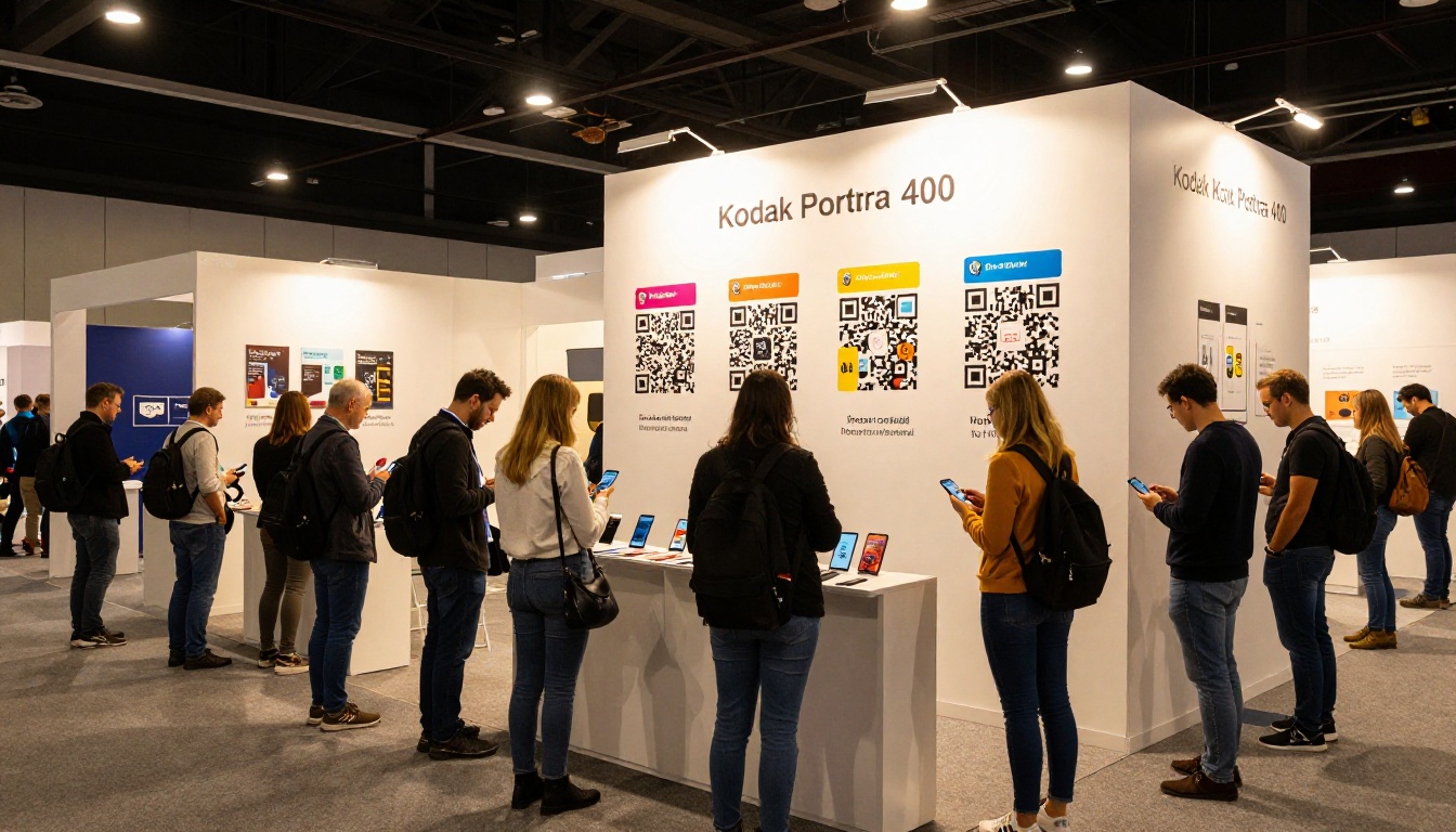 Trade show visitors scanning QR codes on smartphones to view flipbook catalogs