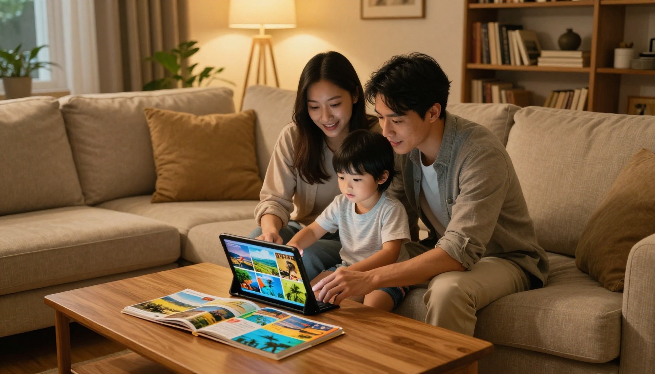 Family browsing a travel guide flipbook on tablet together in a cozy living room