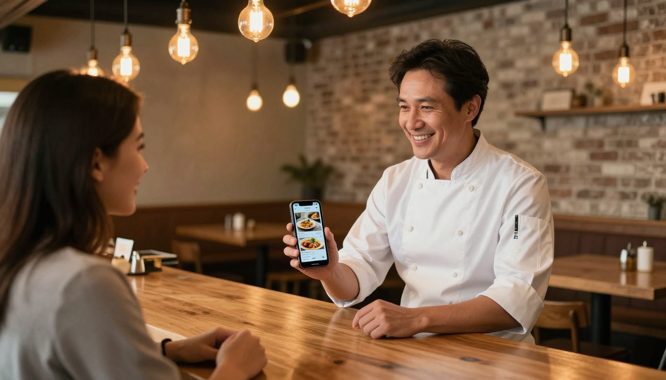 Restaurant owner showing digital menu flipbook on smartphone to a seated customer