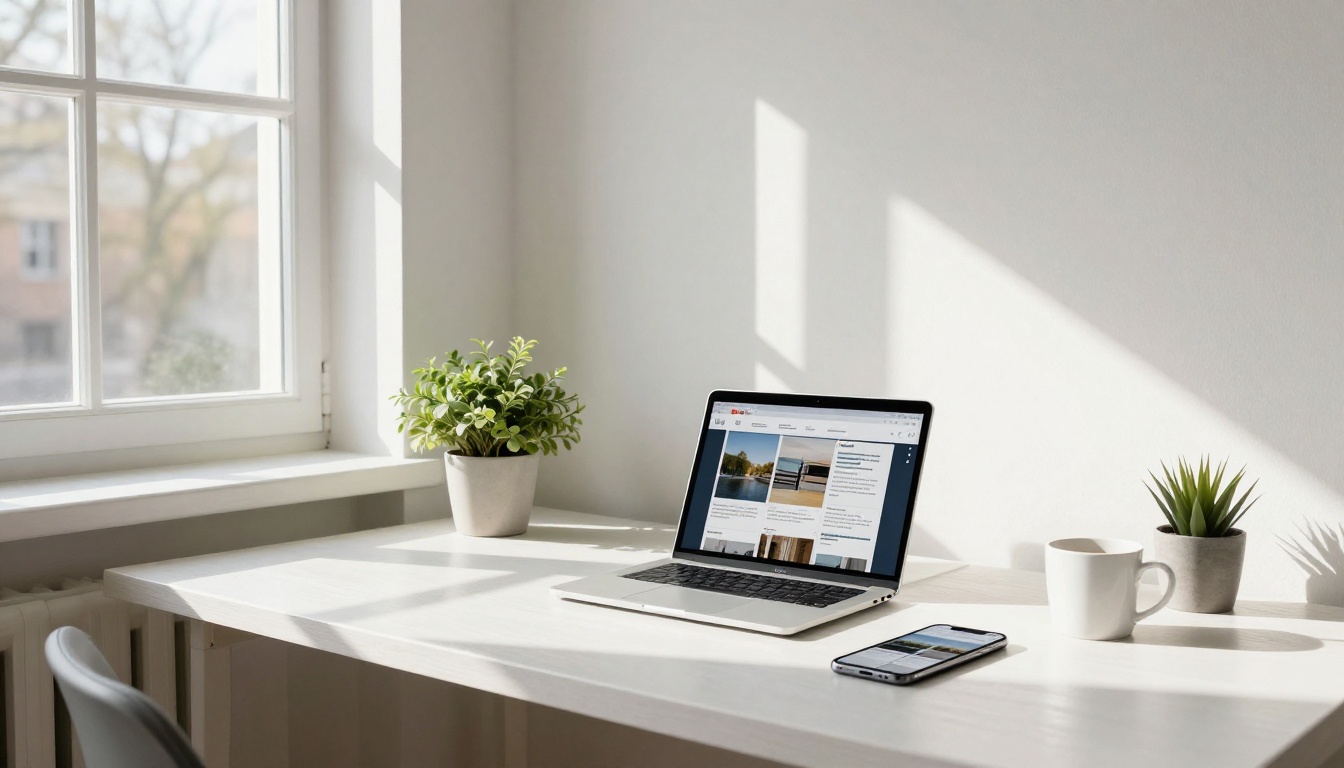Wide-angle Scandinavian home office showing laptop, tablet, and smartphone all displaying the same flipbook