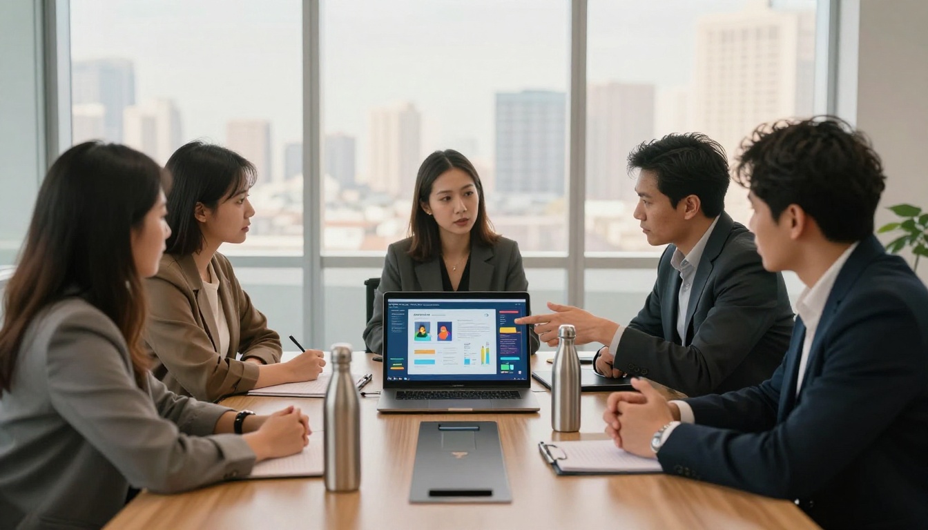 Business team reviewing an interactive digital document on a laptop at a conference table