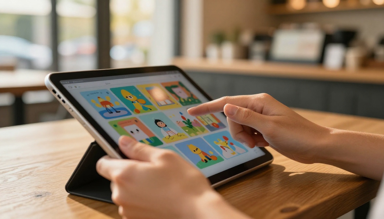 Woman's hands navigating a colorful digital flipbook on a tablet at a cafe