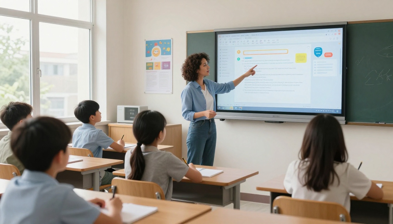 Female teacher using interactive educational content displayed on a classroom wall screen with students