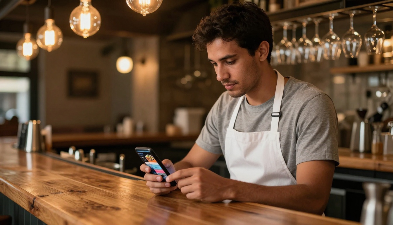 Restaurant owner reviewing a colorful interactive digital menu on a smartphone behind a warm bar counter