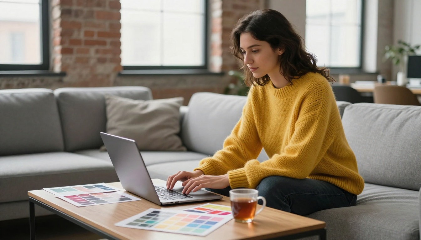 Marketing professional in a mustard sweater working on a digital catalog design in a bright loft studio