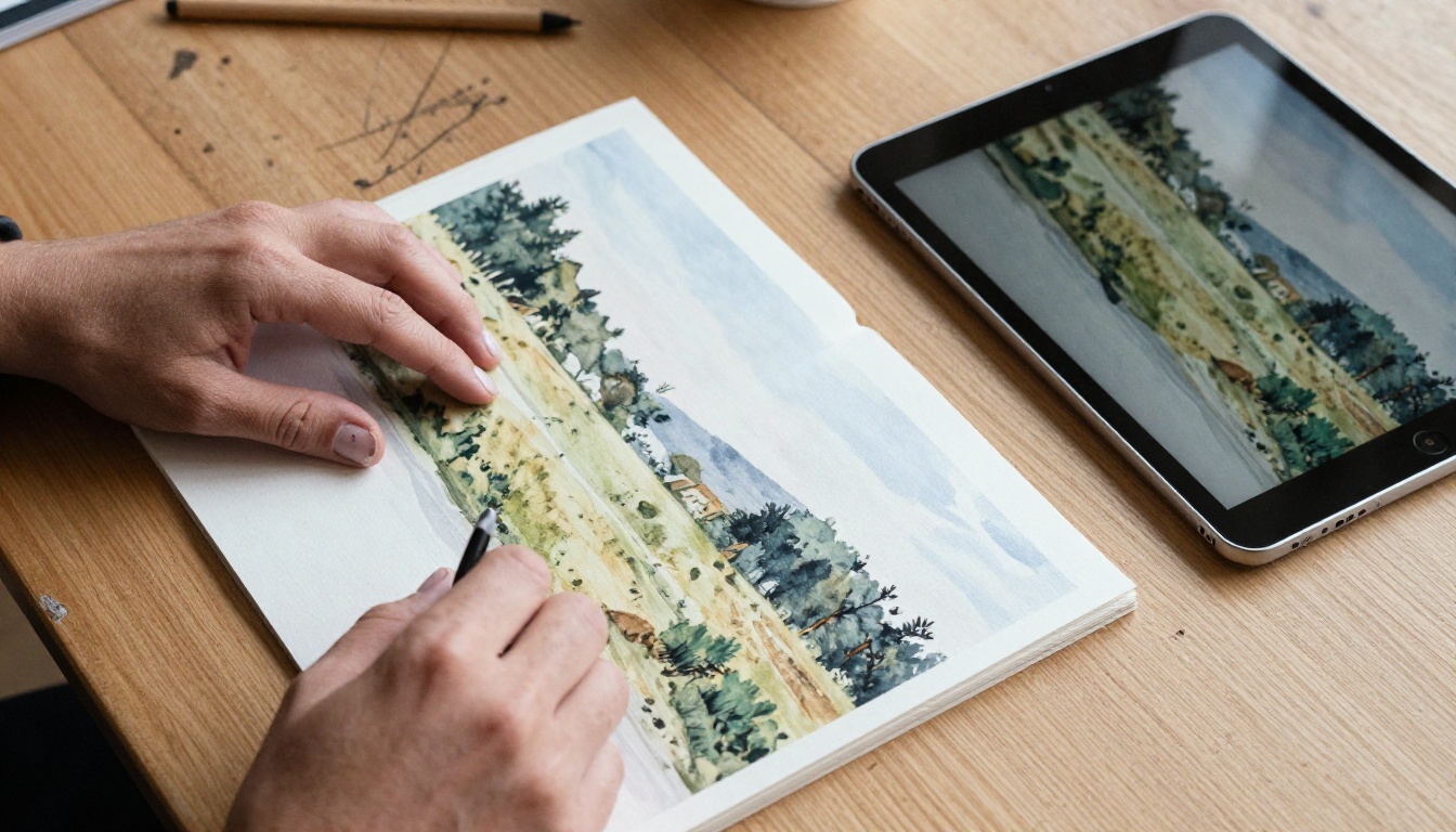 Close-up of artist's hands with art portfolio and tablet side by side