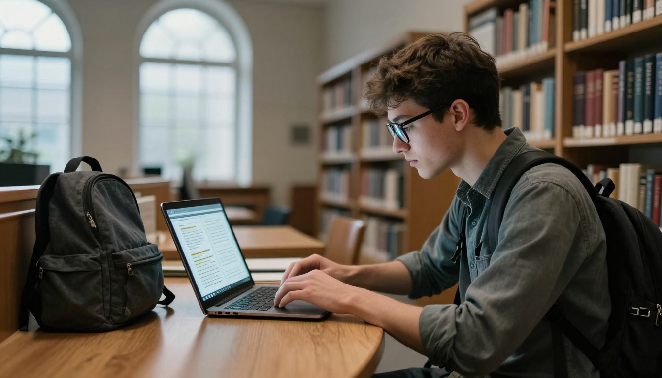 College student reading an interactive e-book on a laptop at a wooden library study table