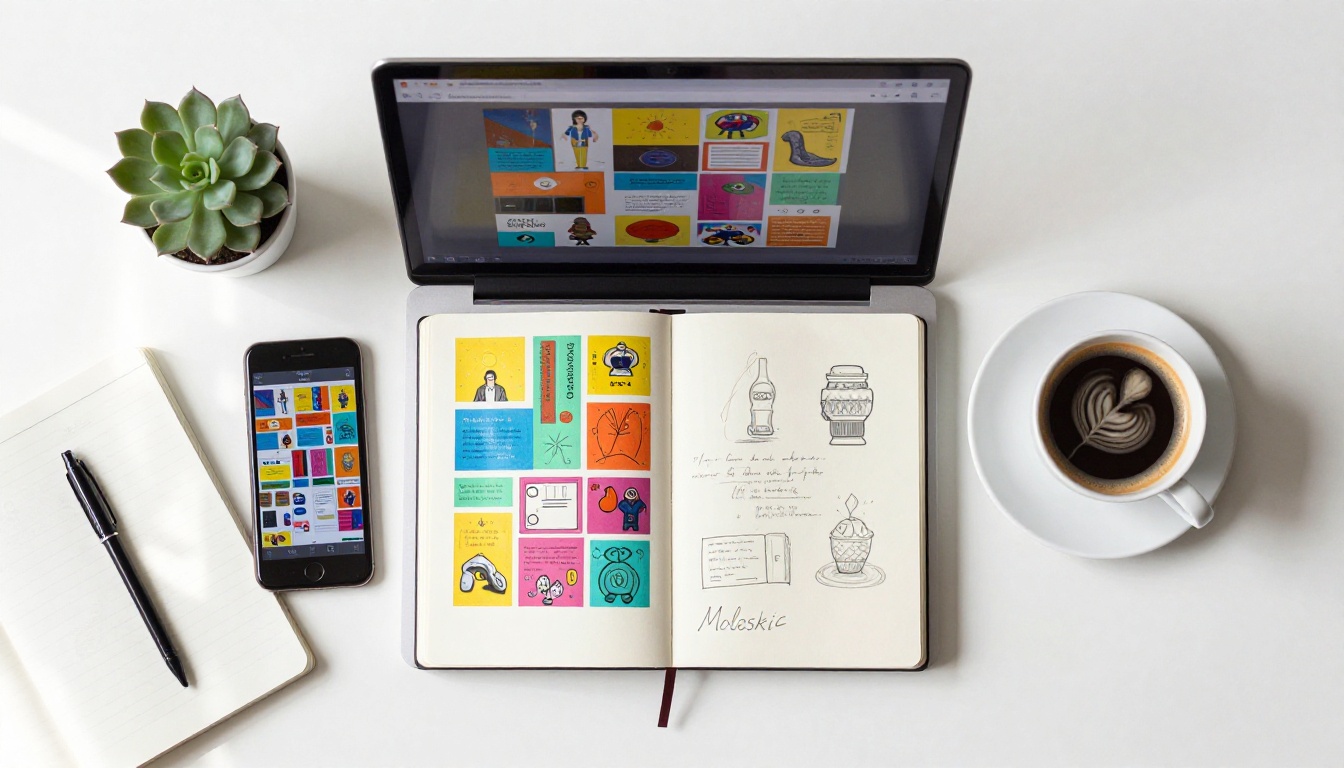 Overhead flat lay of a laptop displaying a digital flipbook portfolio, coffee, sketchbook, and smartphone on a white desk