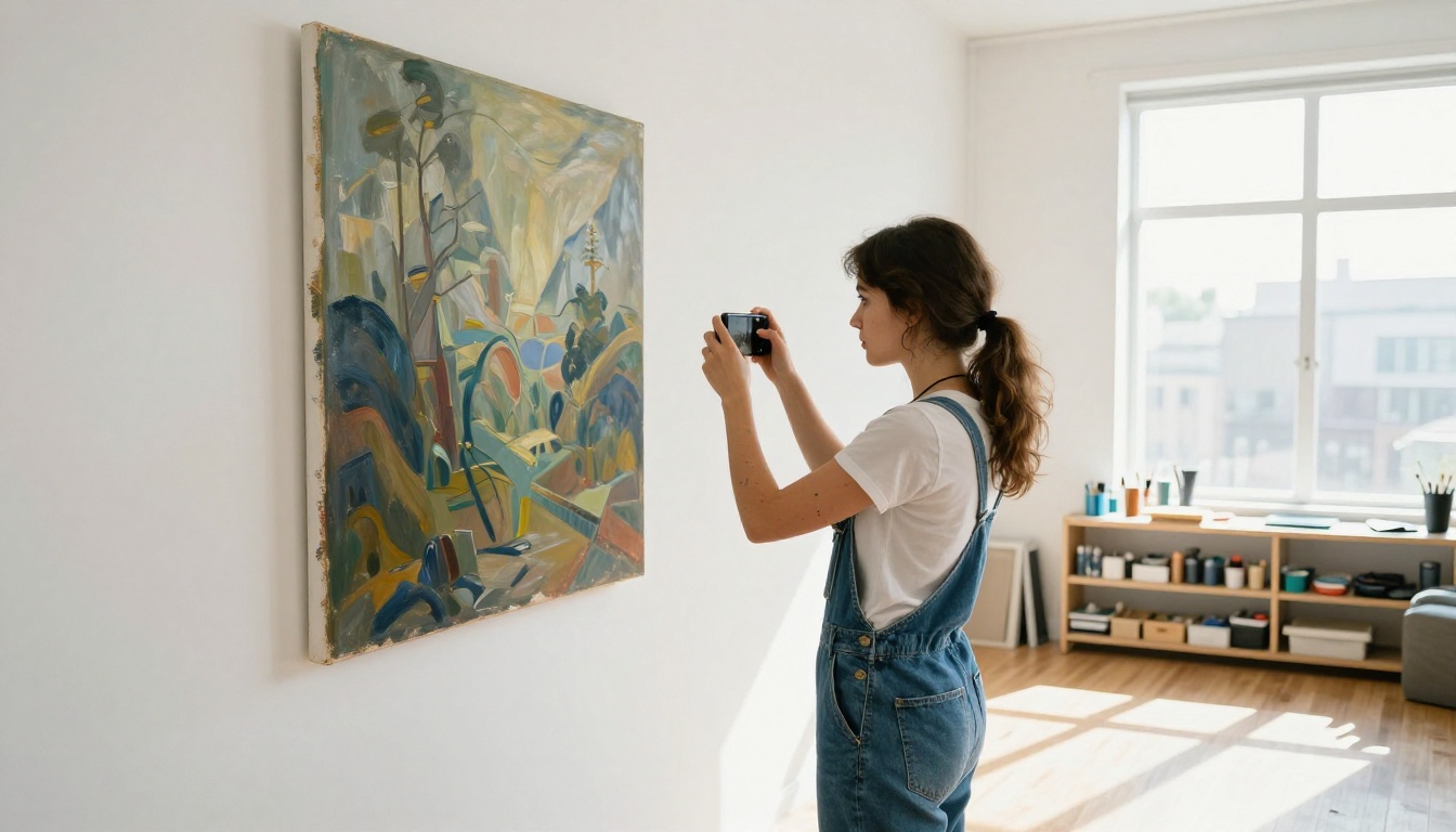 Artist photographing artwork with smartphone in bright studio