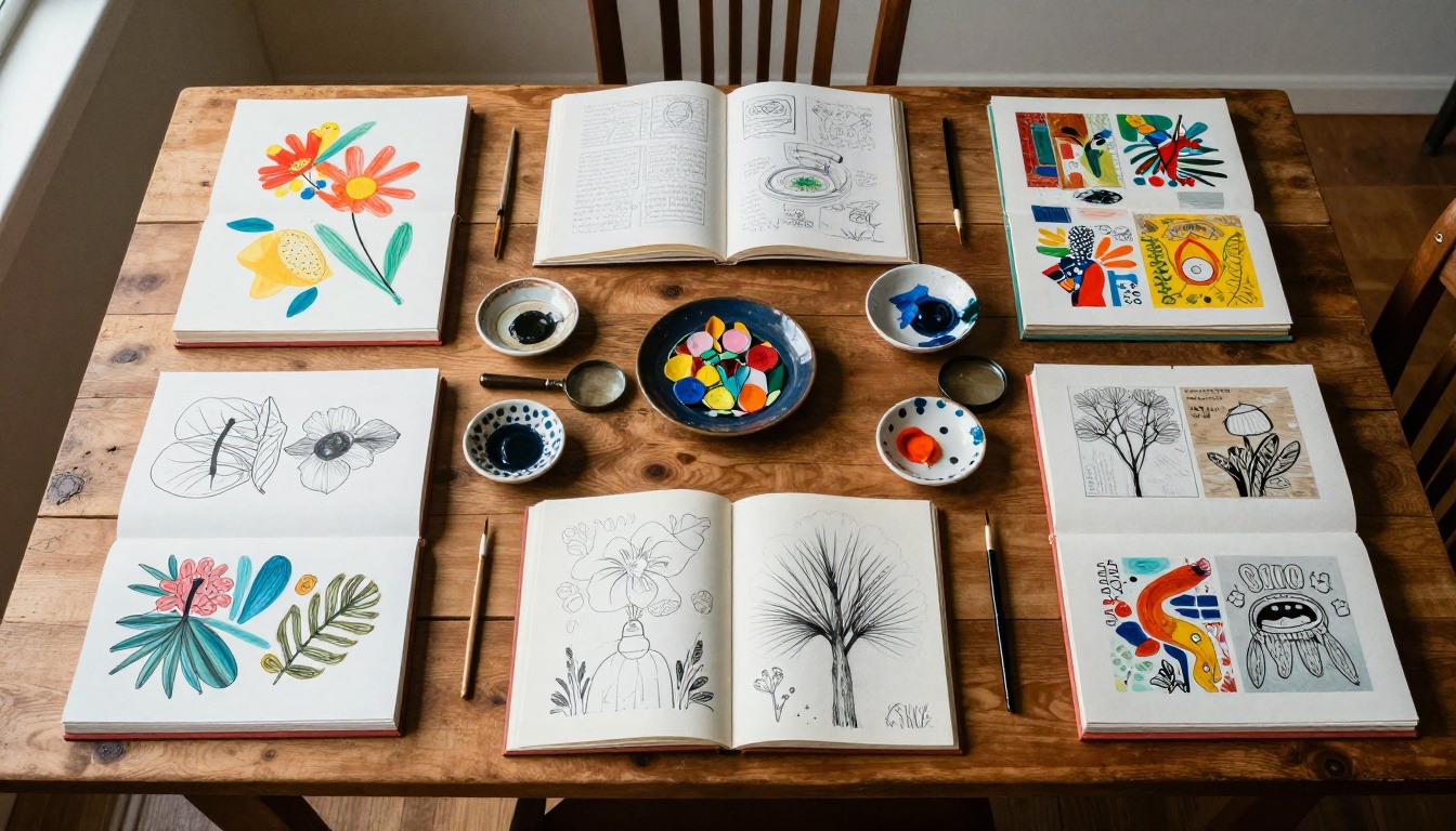 Open art portfolios aerial view on rustic wooden table