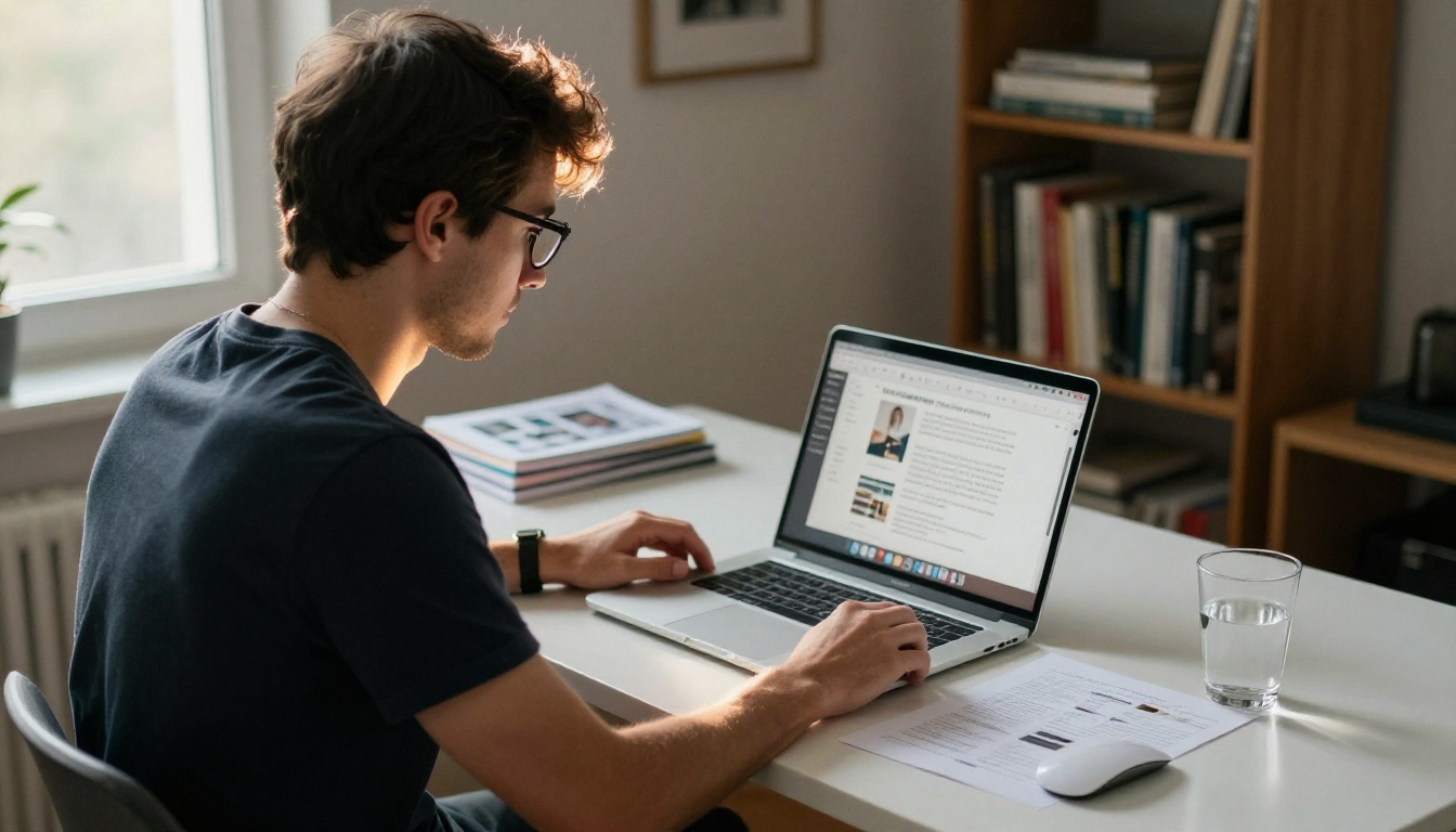 Male artist uploading PDF portfolio on laptop in home office