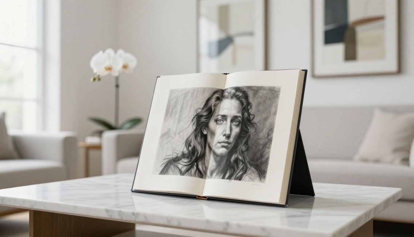 Art portfolio open on white marble coffee table with framed paintings in background