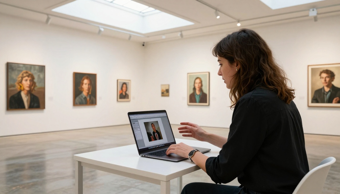 Artist presenting portfolio flipbook to gallery curator in bright gallery space