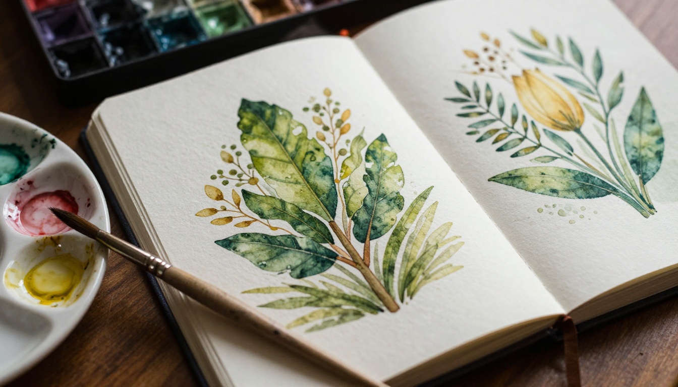 Watercolor portfolio close-up with brushes and paint palette