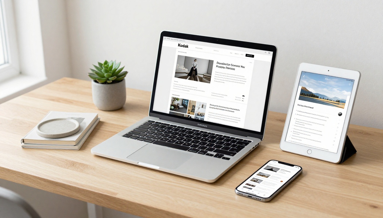Multi-device display of portfolio flipbook on laptop, iPad, and smartphone