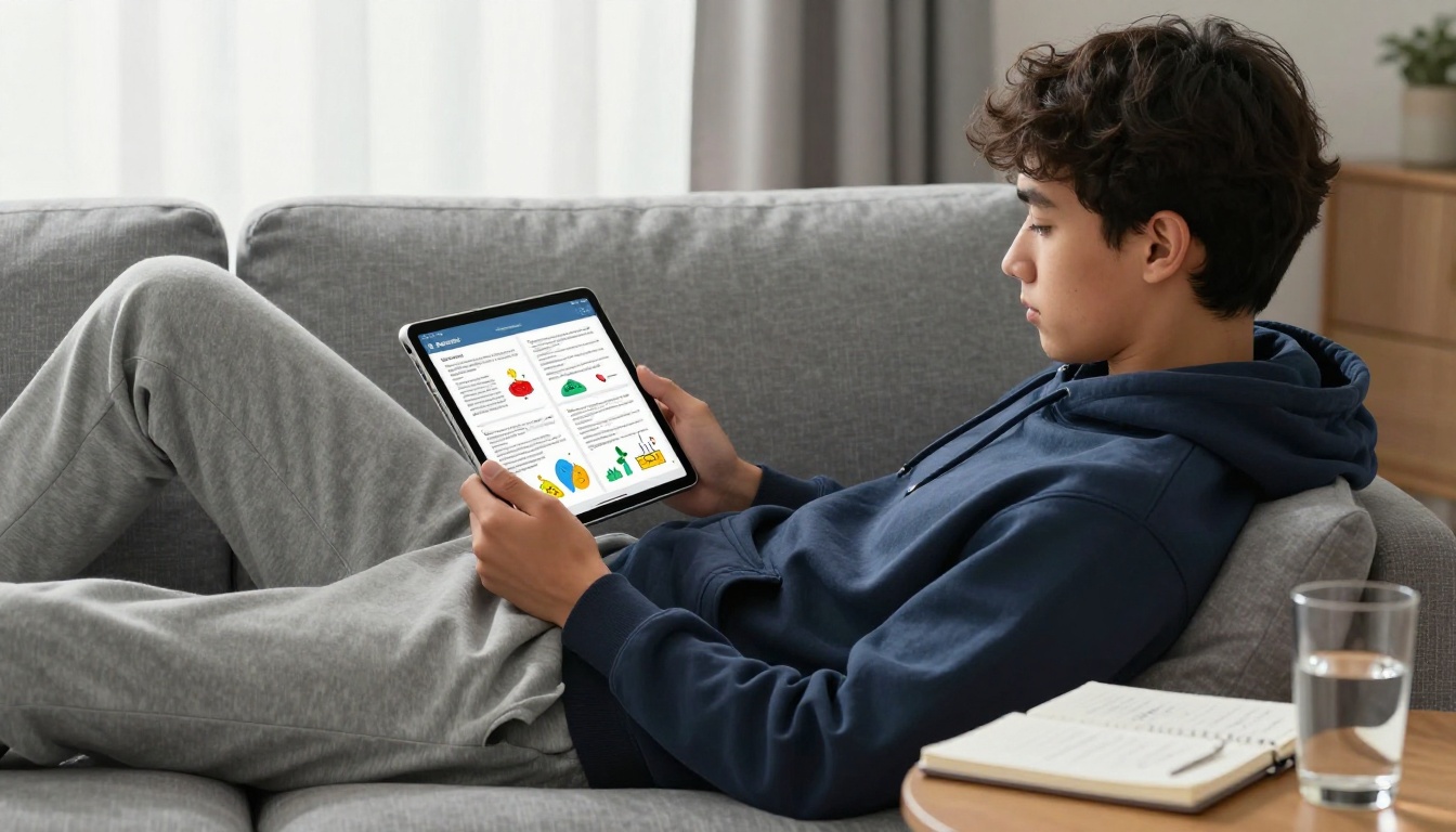 Student actively reading digital course material on a tablet