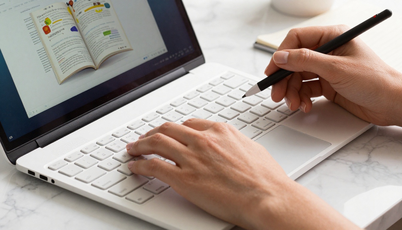 Hands working on digital course content at a laptop with flipbook interface