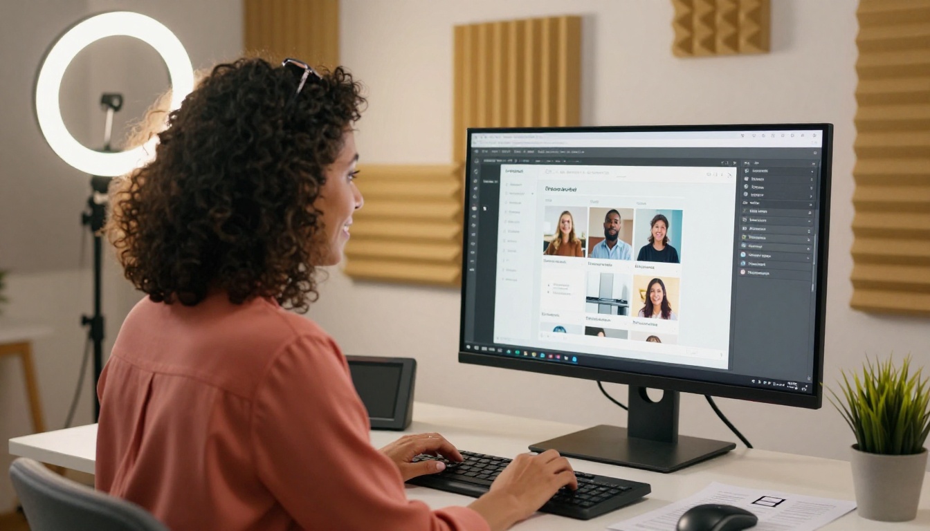 Online course creator working at a modern standing desk studio setup
