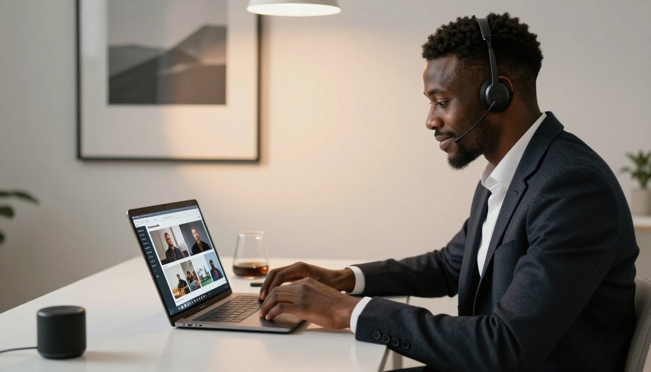 Professional instructor reviewing embedded course content on laptop at desk