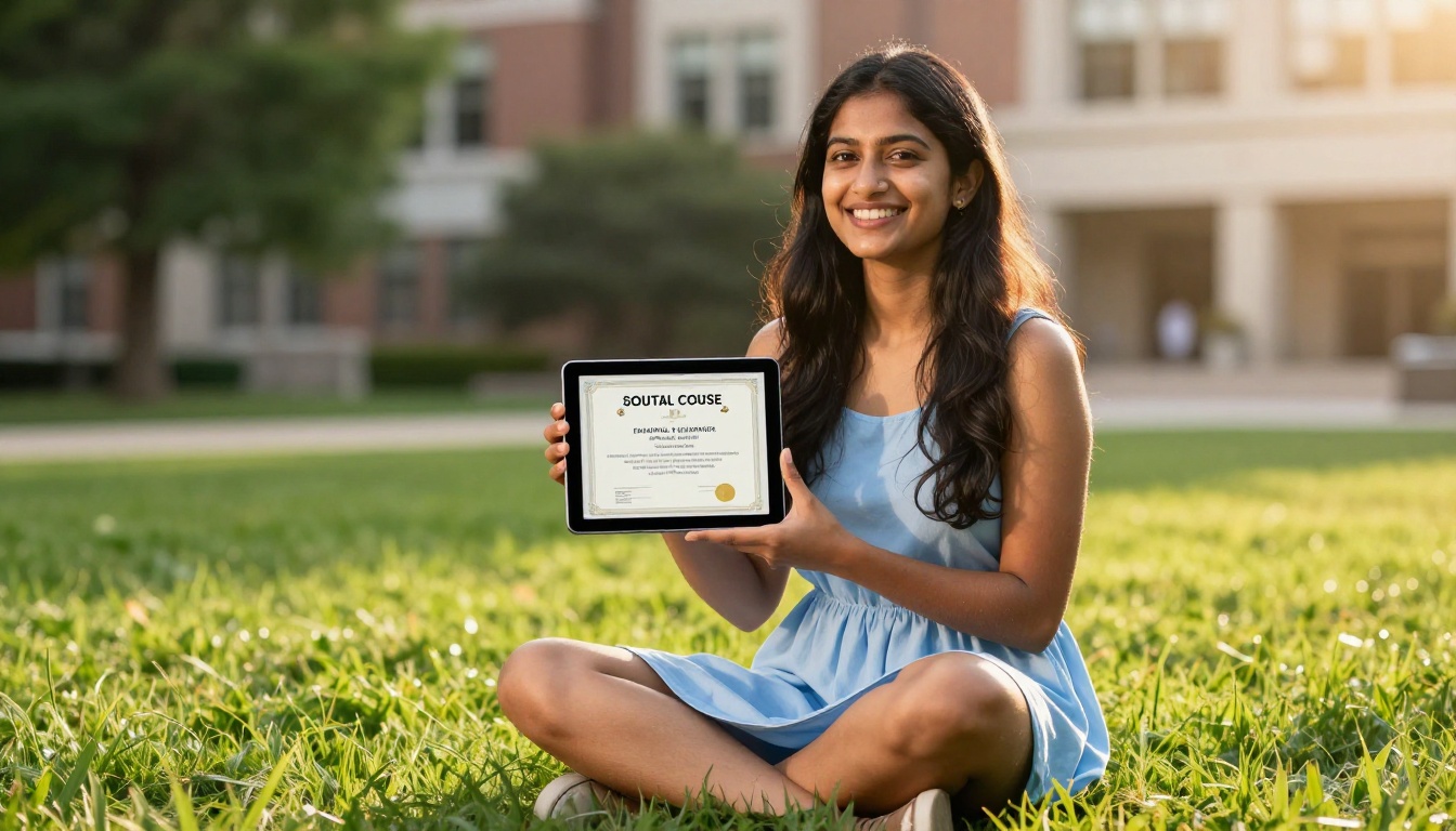 Student celebrating course achievement on campus lawn with tablet