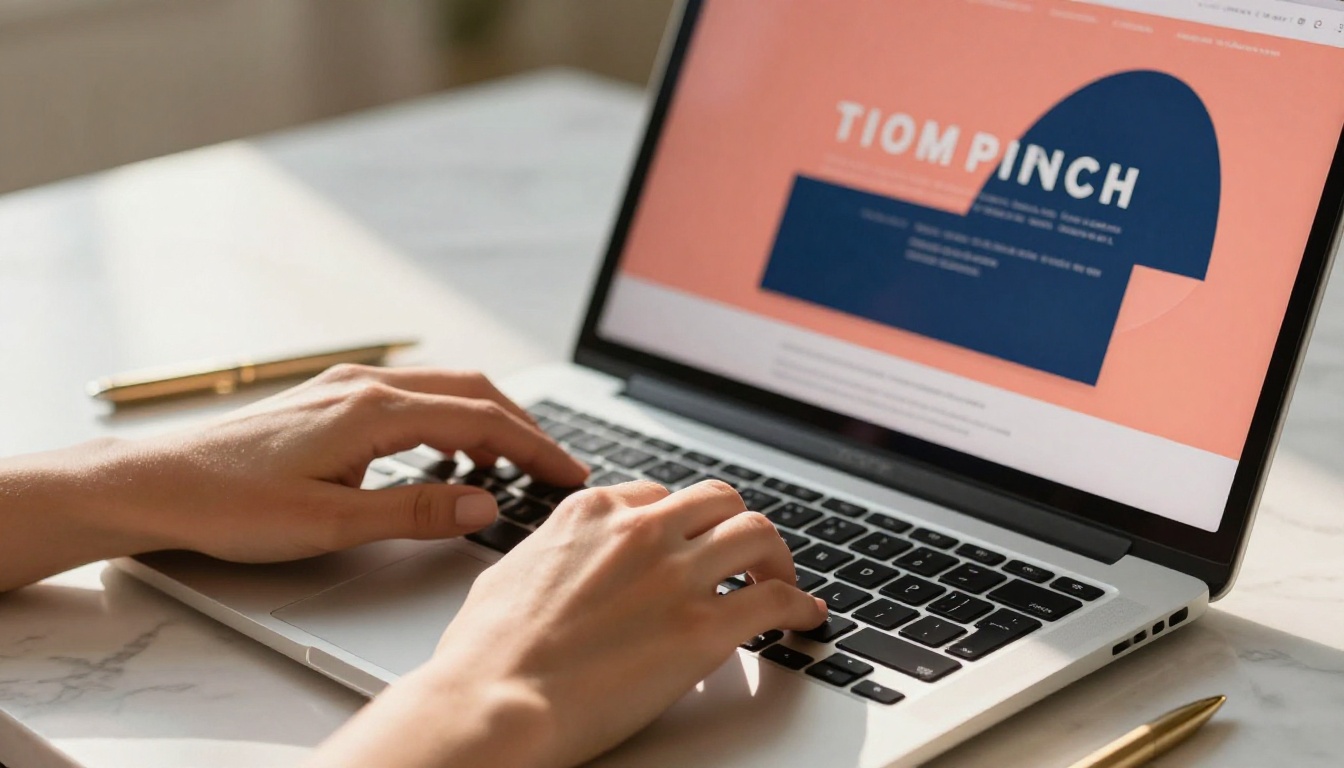 Close-up of hands typing on a MacBook with a brand PDF brochure displayed on screen Close-up of hands typing on a MacBook with a brand PDF brochure displayed on screen