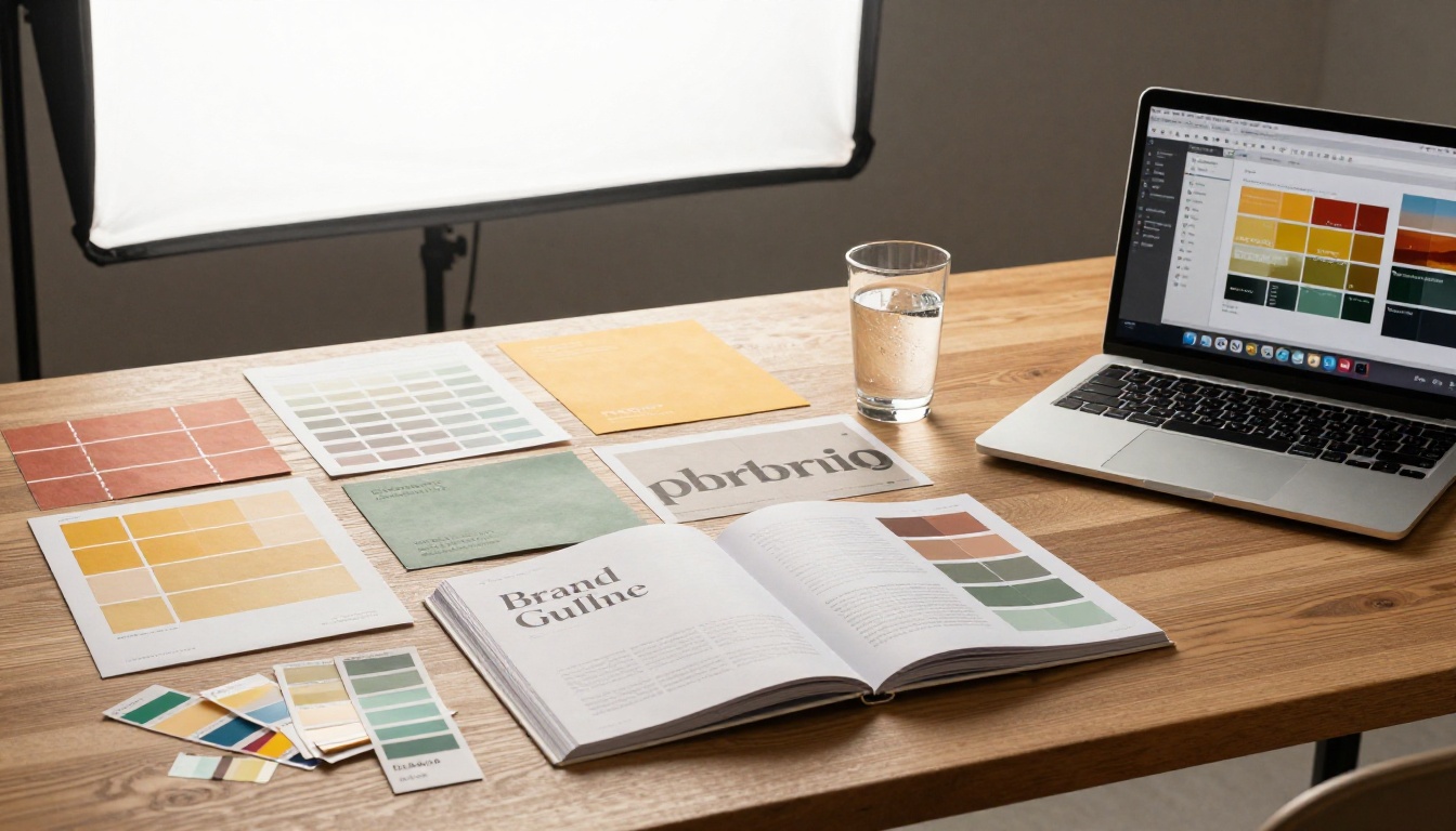 Brand design workspace with color swatches and brand materials spread across a wooden desk Brand design workspace with color swatches and brand materials spread across a wooden desk